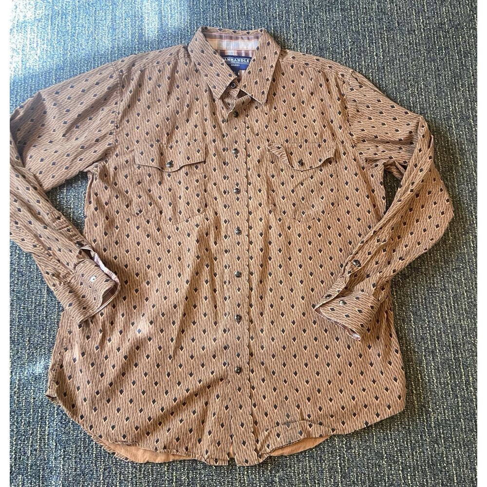Panhandle select Quality Western Wear brown geometric Men Shirt Sz L Long Sleeve